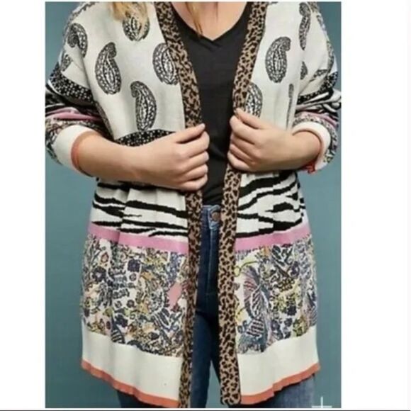 Anthropologie Zebra Cheetah Paisley Cardigan Pullover Sweater   Women's Size XS - Picture 1 of 13